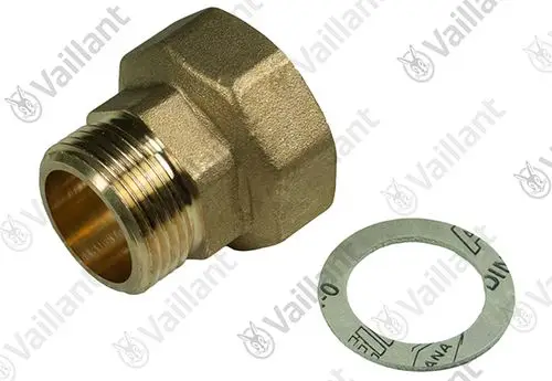 Vaillant Adapter mit Innengewinde und einer Dichtung. Das Produkt hat eine sechseckige Form zur besseren Handhabung. Ideal für Verbindungselemente in Installationen.